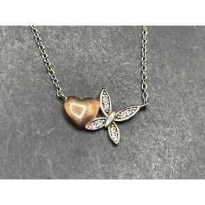 LA CN Sterling Silver 925 Heart & Butterfly Pendant Chain Link Necklace 17.5"